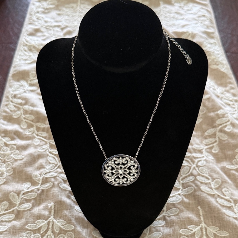 Touchstone Crystal Silver Filigree Round Pendant Necklace - Women Jewelry